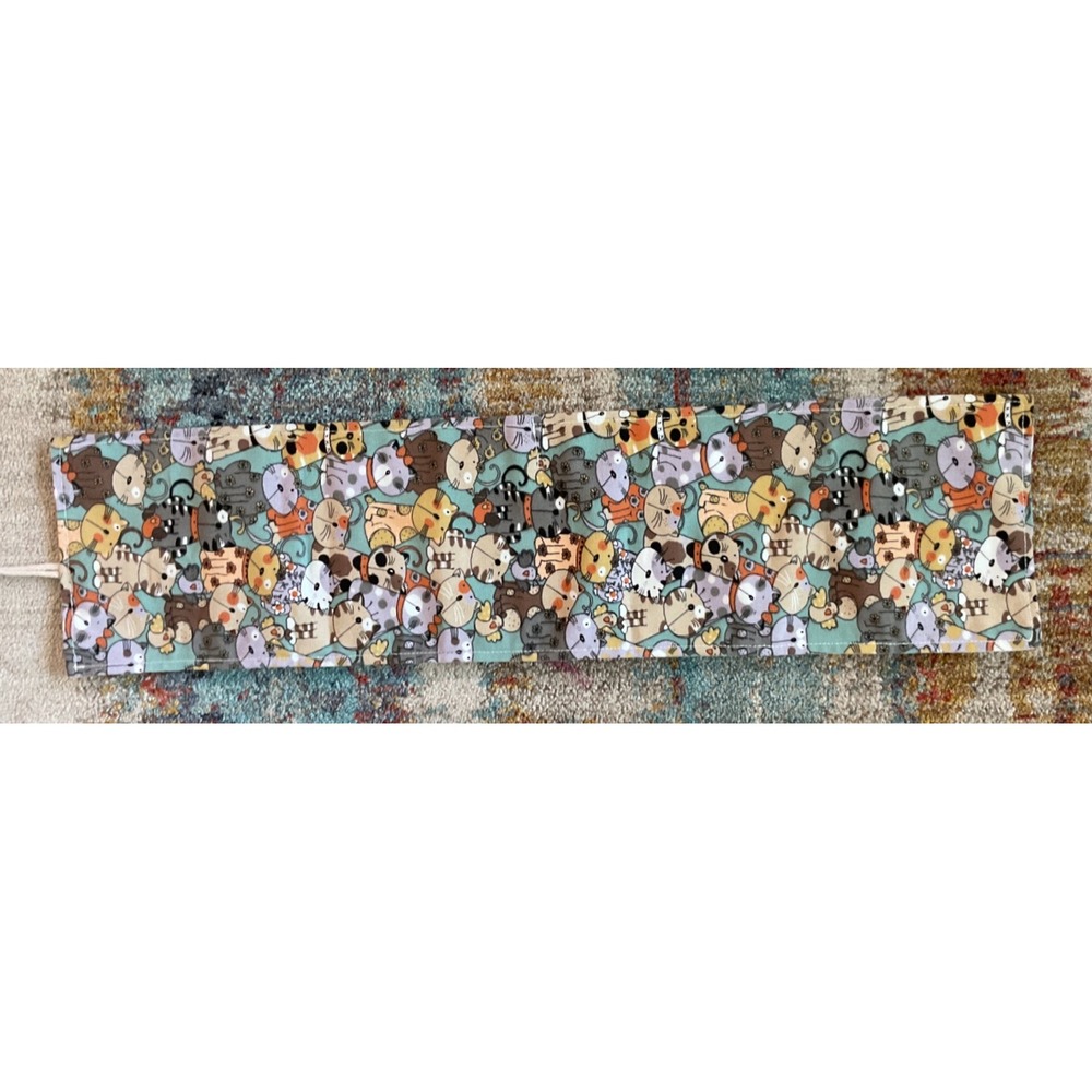 Cat Print Canvas Roll Up Pencil Case‎ Crochet Hook Organizer Teal 72 Slot Pouch - Picture 7 of 7